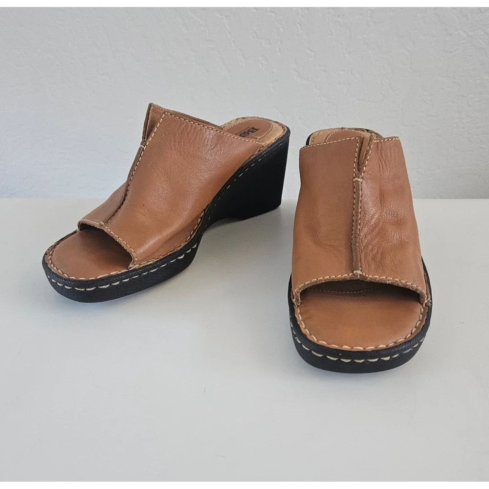 Born Wedge Heel Sandal Women's 7 Brown Leather Slip-On Platforms Boho
